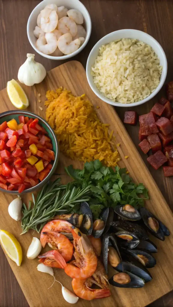 Ingredients for paella including rice, broth, vegetables, and spices displayed on a rustic wooden table.