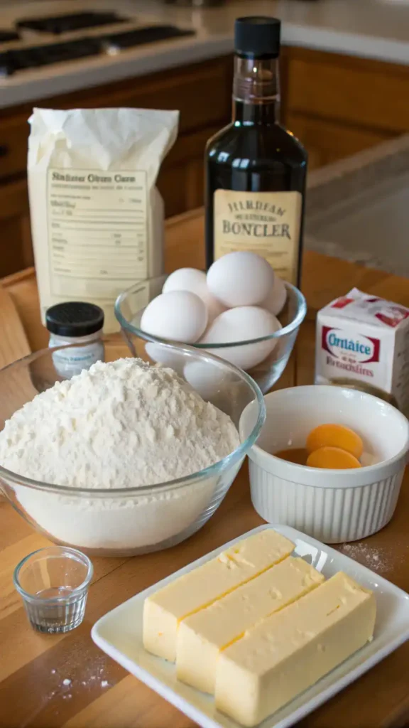Ingredients for pound cake including flour, sugar, butter, eggs, and vanilla extract displayed on a kitchen counter.
