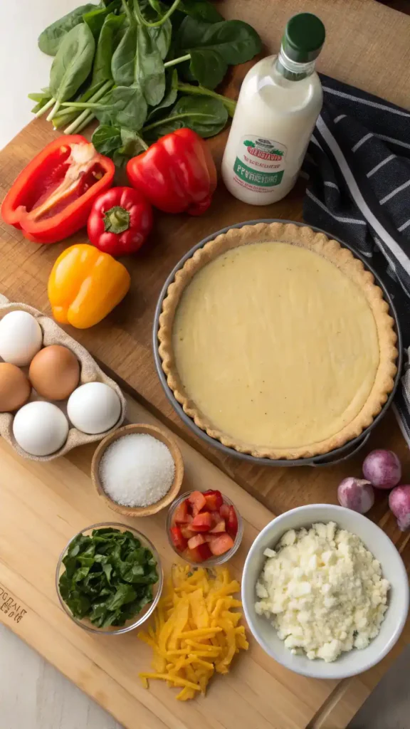 Ingredients for a quiche recipe displayed beautifully.