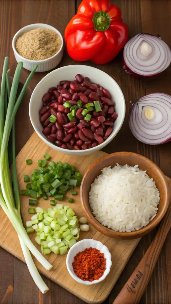 Ingredients for red beans and rice displayed on a wooden table.