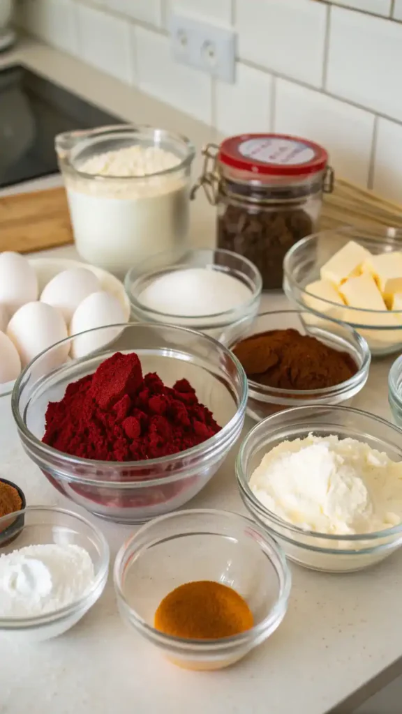 Ingredients for red velvet cake including flour, cocoa powder, and red food coloring.