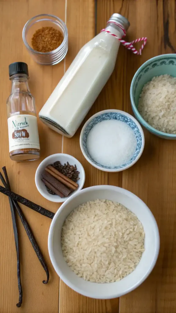 Ingredients for rice pudding including rice, milk, sugar, and spices arranged on a wooden table.