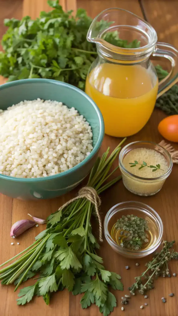 Ingredients for risotto including Arborio rice, vegetable broth, and fresh herbs.
