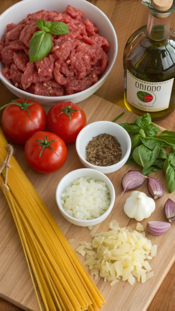 Ingredients for spaghetti sauce including olive oil, tomatoes, garlic, and herbs arranged on a wooden countertop.