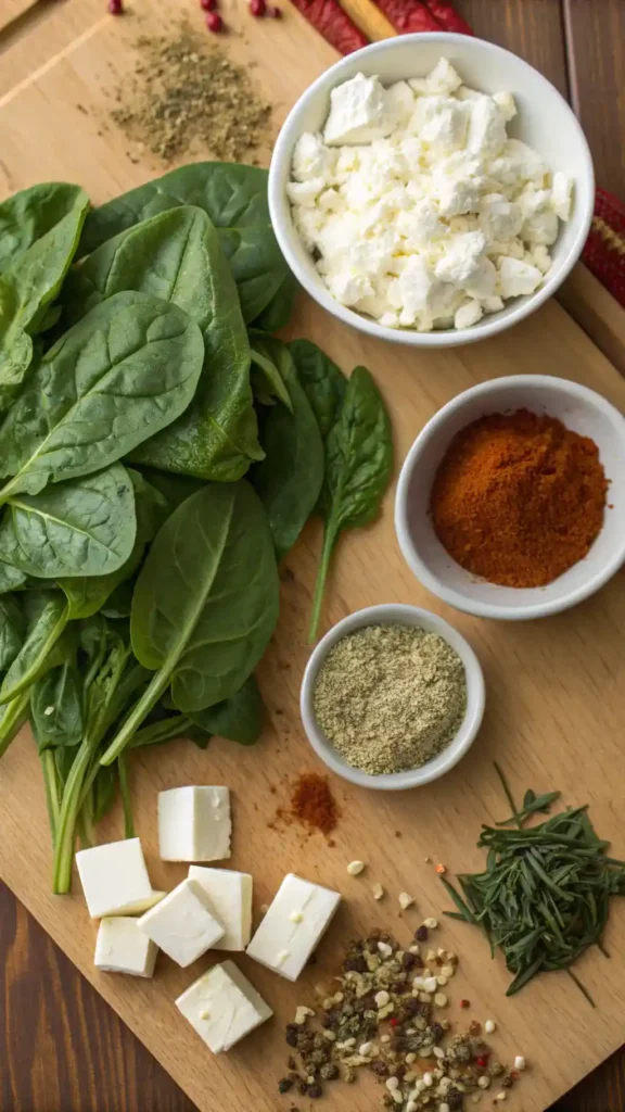 Ingredients for spinach dip displayed on a wooden countertop.