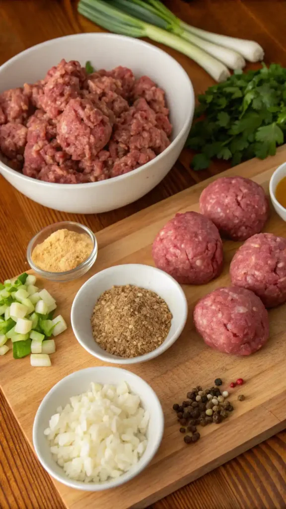 Ingredients for Swedish meatballs including ground beef, turkey, breadcrumbs, onion, and spices arranged on a countertop.
