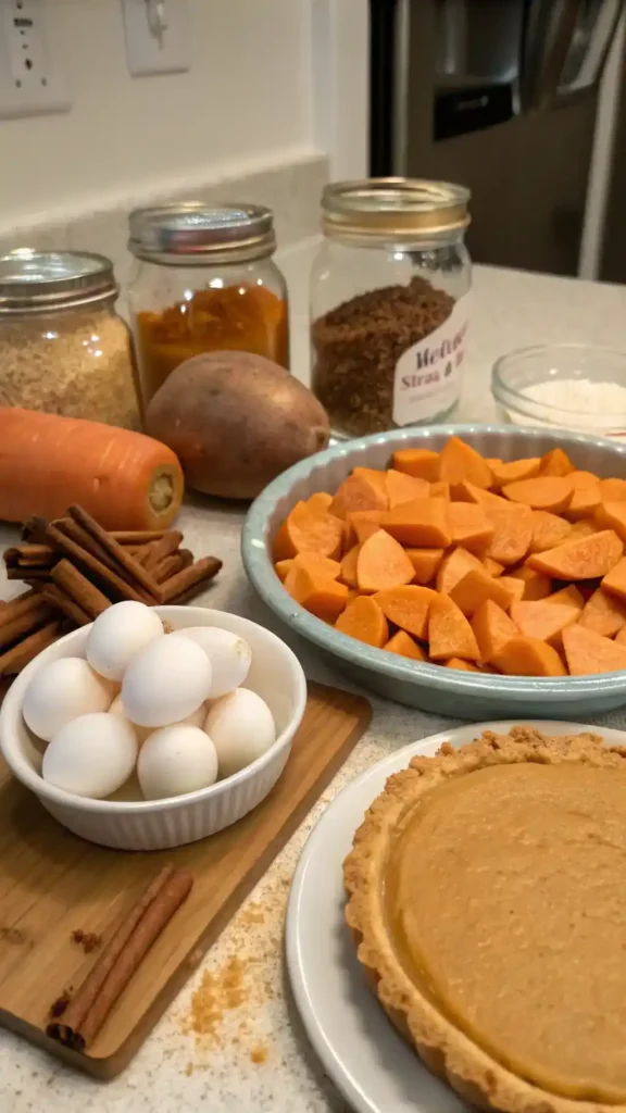 Ingredients for sweet potato pie including sweet potatoes, sugar, butter, and spices.