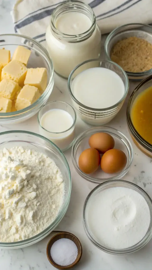 Ingredients for tres leches cake including flour, eggs, and milk.