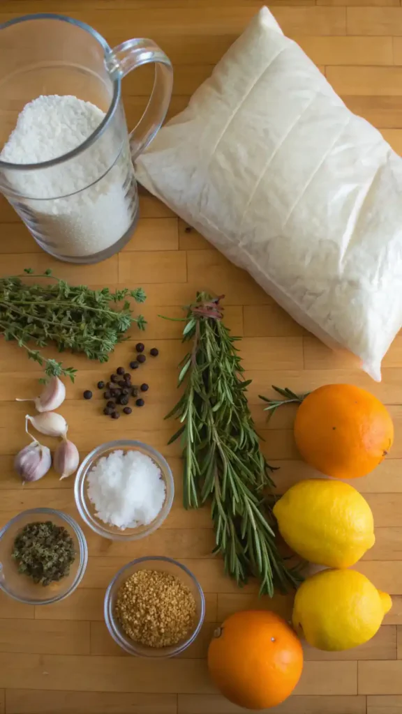 Ingredients for turkey brine including water, salt, brown sugar, garlic, and spices displayed on a kitchen counter.