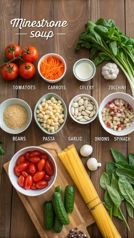 Ingredients for minestrone soup including olive oil, onion, garlic, carrots, celery, zucchini, green beans, canned tomatoes, vegetable broth, kidney beans, pasta, spinach, and seasonings.