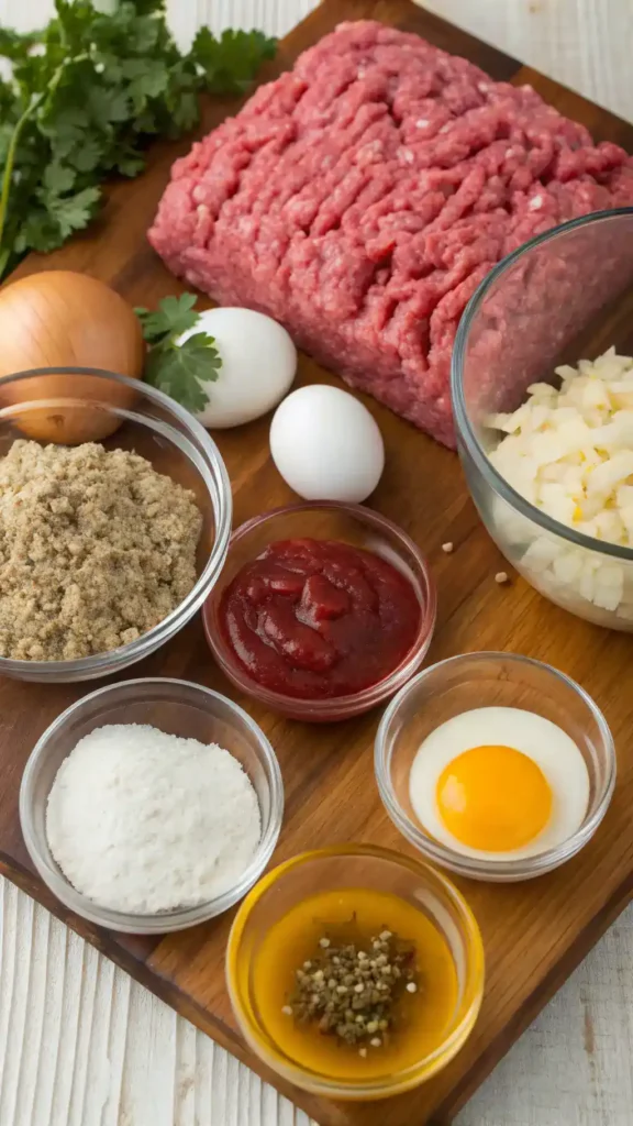 Ingredients for the best meatloaf recipe displayed on a wooden table.