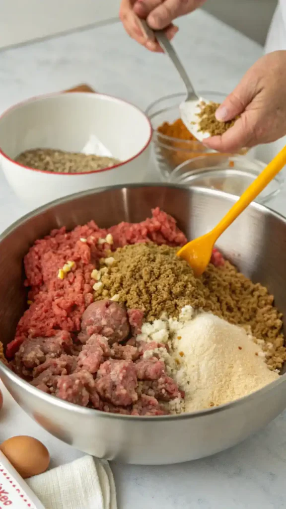 A large bowl filled with a mixture of ground beef, turkey, breadcrumbs, and spices for making Swedish meatballs.