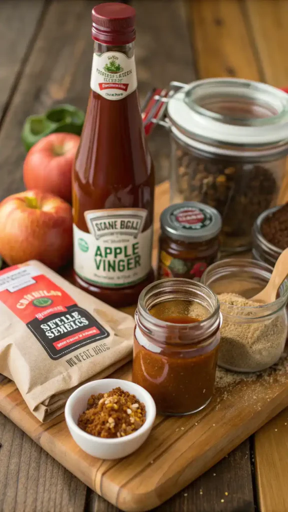 Ingredients for BBQ sauce displayed on a wooden table, including ketchup, apple cider vinegar, brown sugar, and various spices.