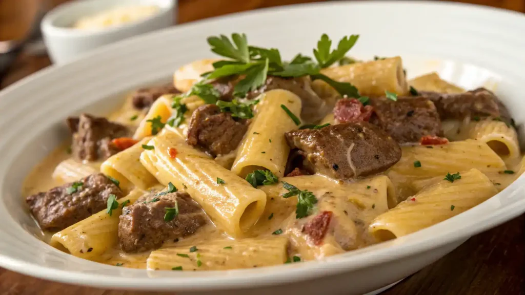 Cajun Steak Tips with creamy Parmesan rigatoni