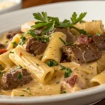 Cajun Steak Tips with creamy Parmesan rigatoni