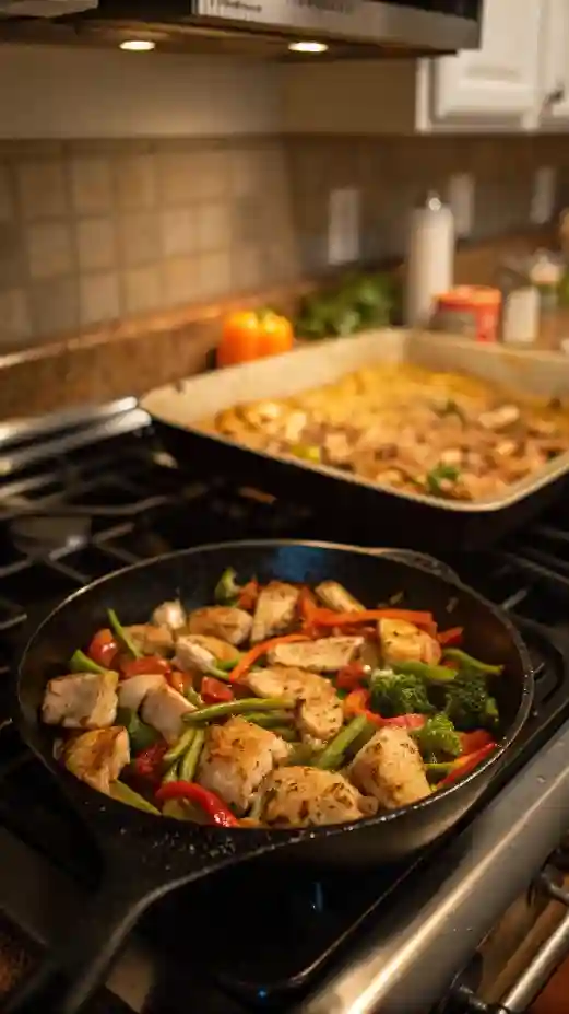 Skillet chicken and vegetables cooking for weeknight dinner