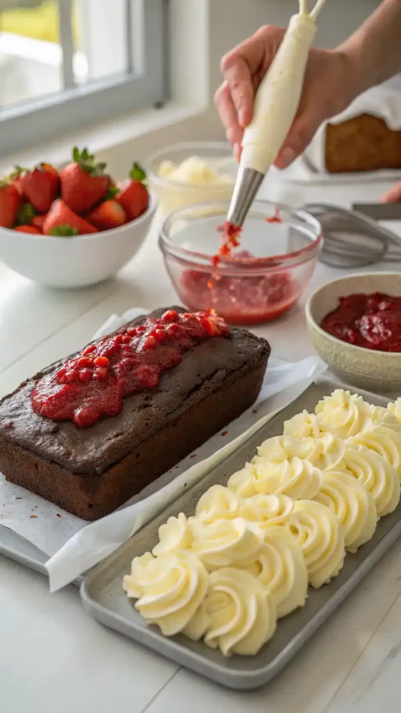Chocolate loaf cake decorated with glaze and frosting sides