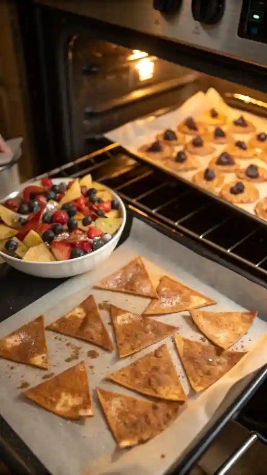 Cinnamon sugar tortilla chips baking for dessert nachos