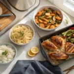 Assorted easy weeknight dinner ideas on table