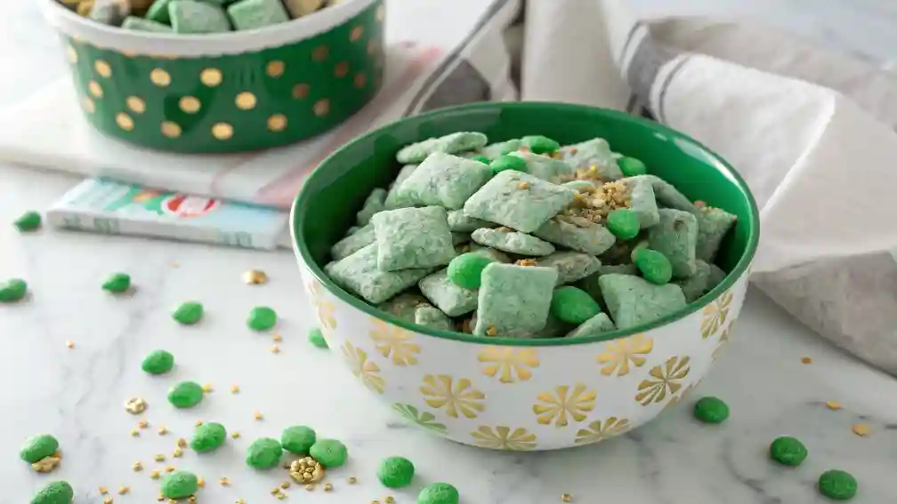 Green St Patrick’s Day puppy chow with sprinkles