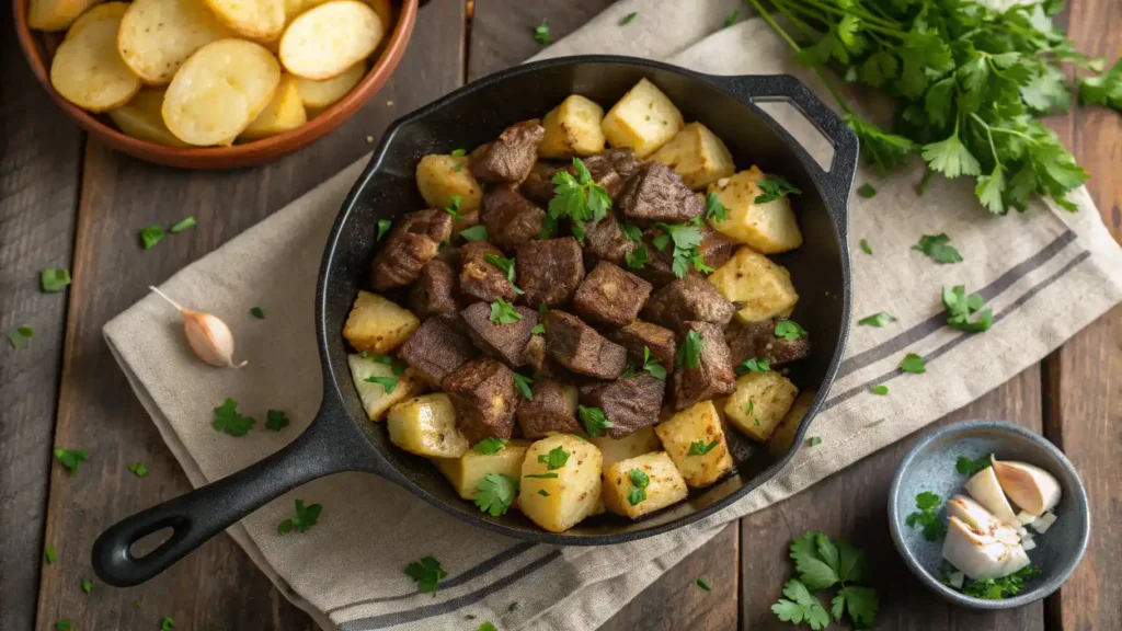 Garlic butter steak bites with crispy potatoes in skillet