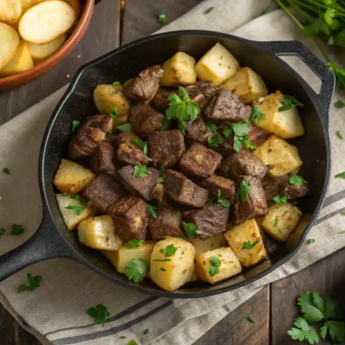 Garlic butter steak bites with crispy potatoes in skillet