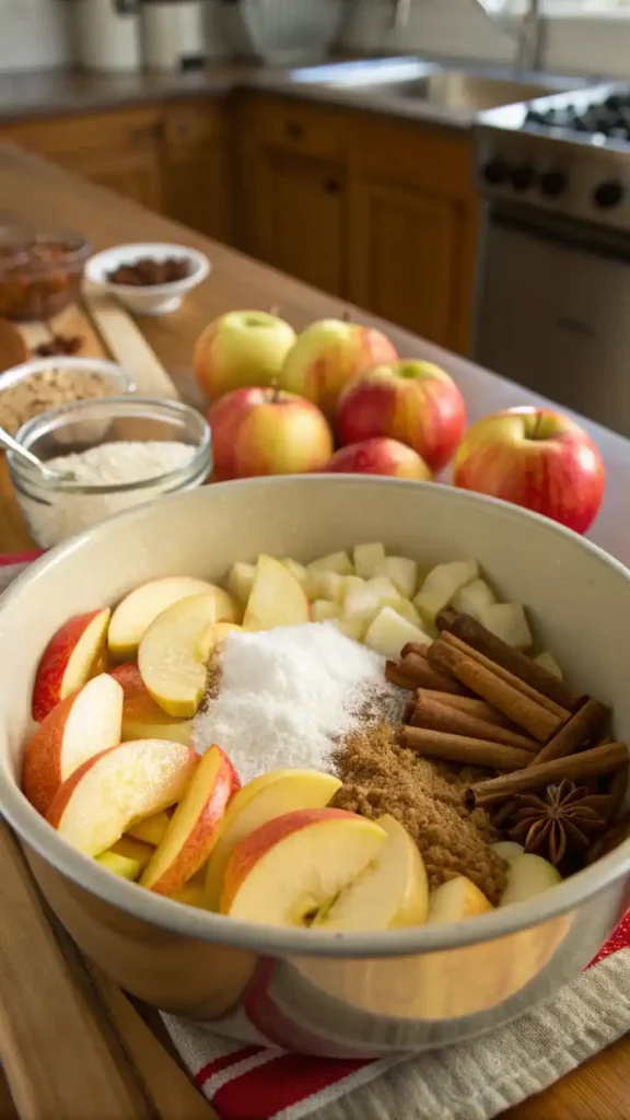 A bowl of fresh apple pie filling ingredients including sliced apples, sugar, and spices.
