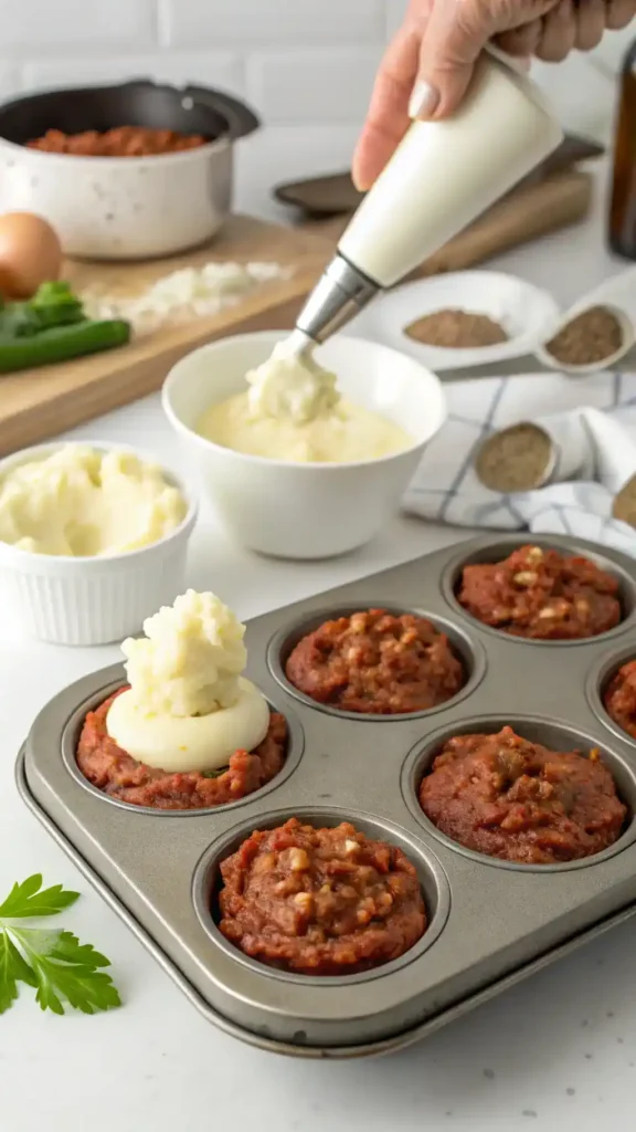 Piping mashed potatoes onto meatloaf cupcakes