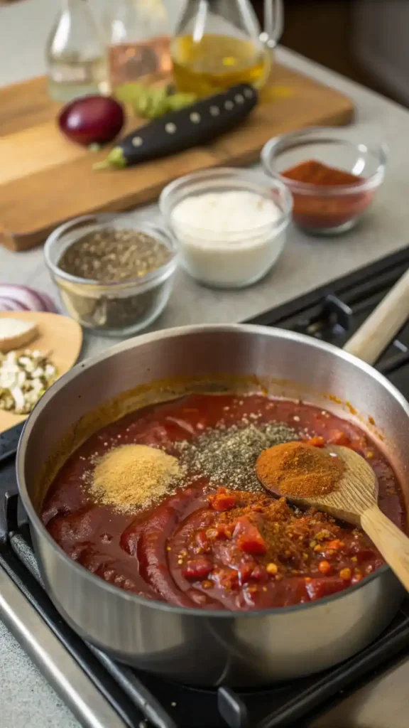 A saucepan filled with homemade BBQ sauce ingredients, including ketchup, vinegar, and spices, simmering on the stove.