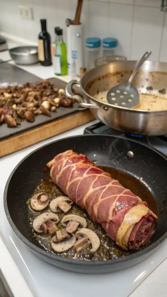 A step-by-step preparation of Beef Wellington, including searing beef, making mushroom duxelles, and wrapping in pastry.
