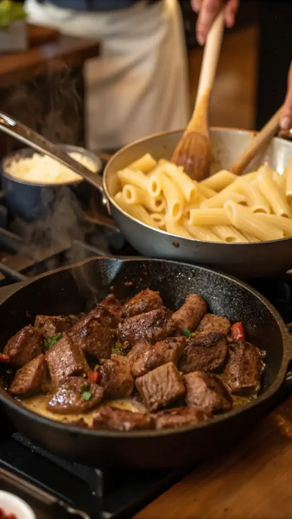 Searing Cajun steak tips and creamy rigatoni pasta