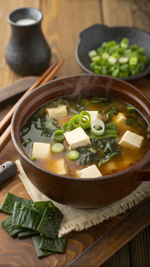 A pot of steaming miso soup with tofu, green onions, and seaweed, garnished beautifully.