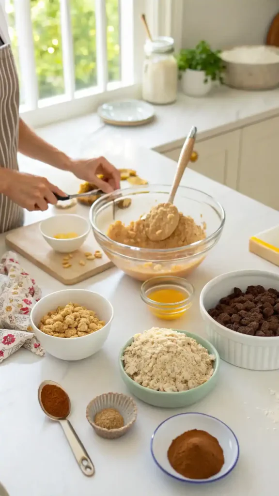 Step-by-step process of making no bake cookies with ingredients displayed.