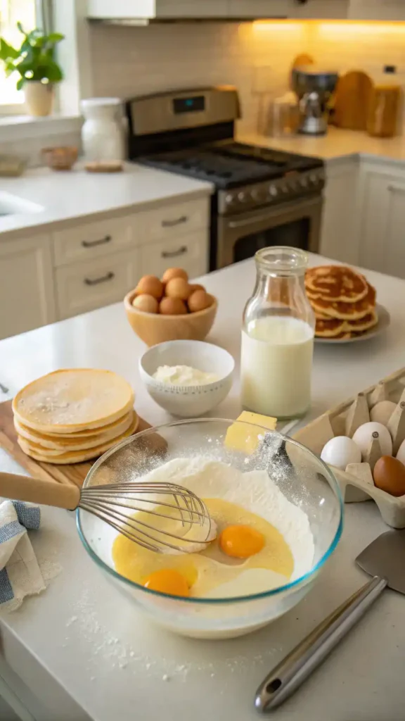 A step-by-step process of making pancakes with ingredients laid out on a kitchen counter.