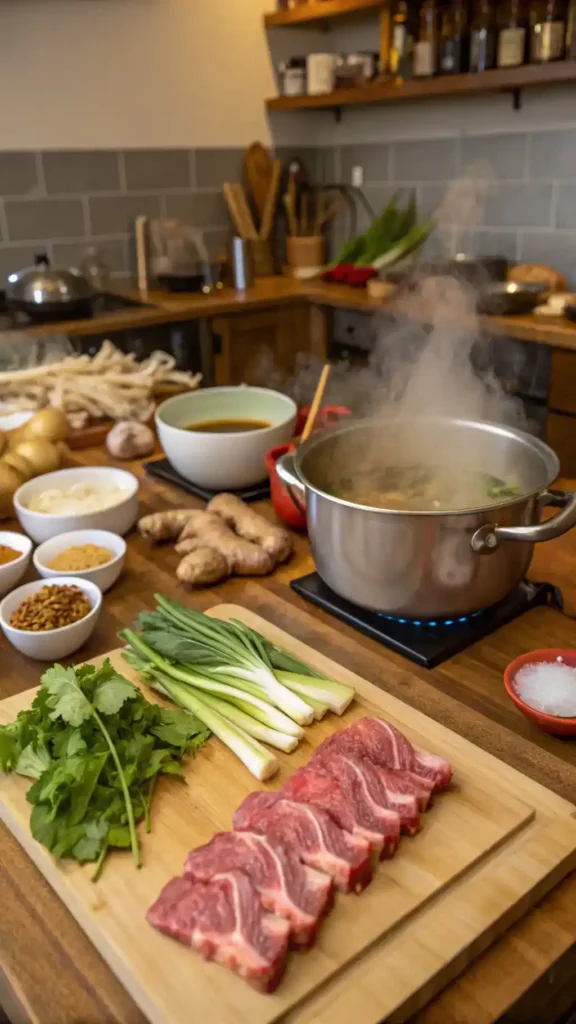 A step-by-step guide to making pho, showcasing ingredients and cooking process.