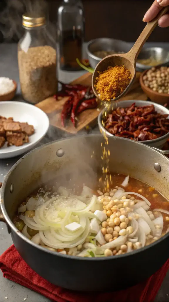 A large pot of pozole being prepared with hominy, chicken broth, onions, and spices.