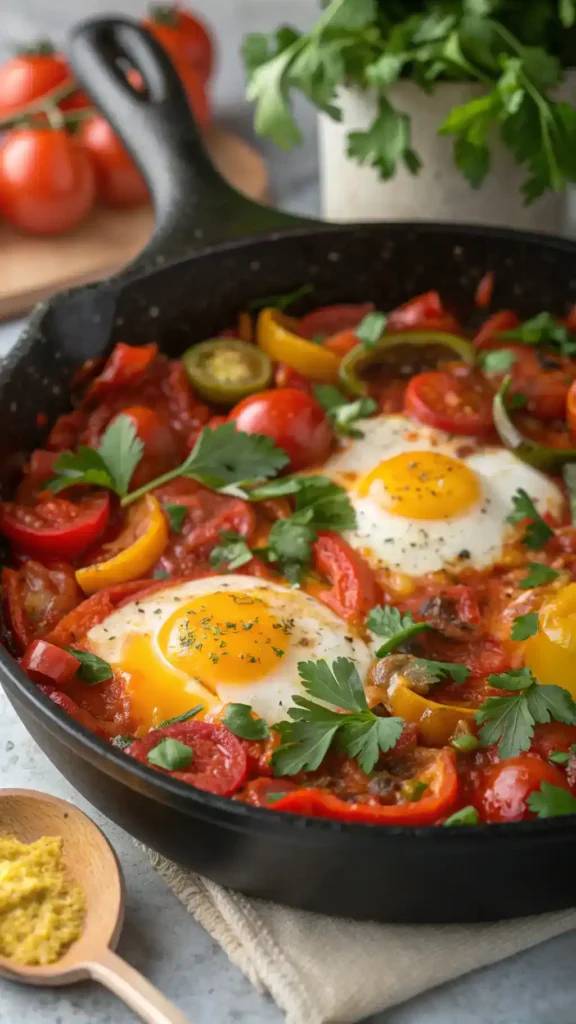 A skillet of shakshuka with vibrant tomatoes, bell peppers, and poached eggs, garnished with fresh herbs.