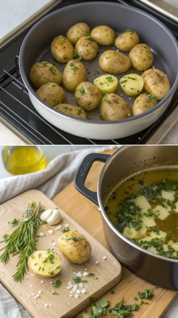 Step-by-step process of making smashed potatoes, including boiling, smashing, and seasoning.