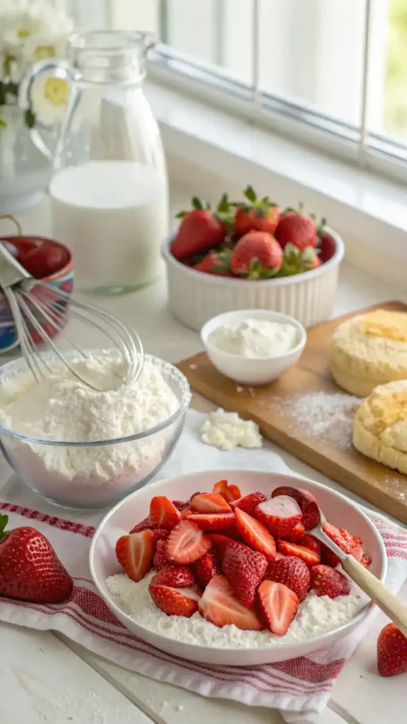 Ingredients and steps for making strawberry shortcake, including fresh strawberries, flour, and whipped cream.