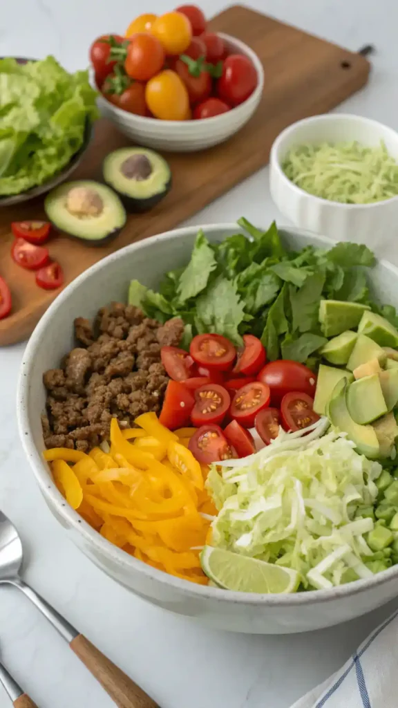 A colorful taco salad being prepared with fresh ingredients in a large bowl.