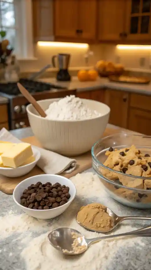 A step-by-step guide to making Toll House cookies, featuring ingredients and mixing bowls.