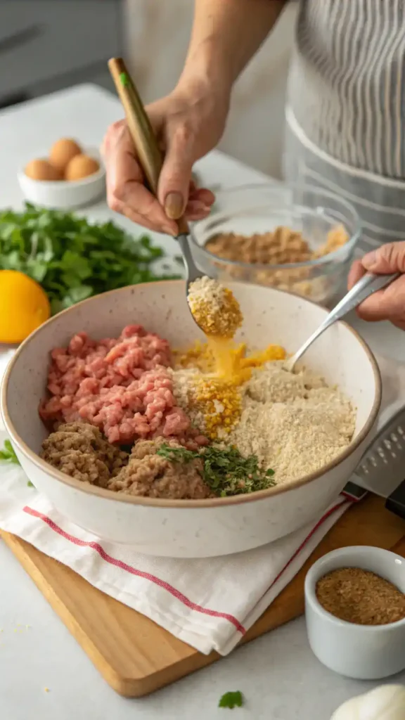 A person mixing ingredients for turkey burgers in a large bowl.