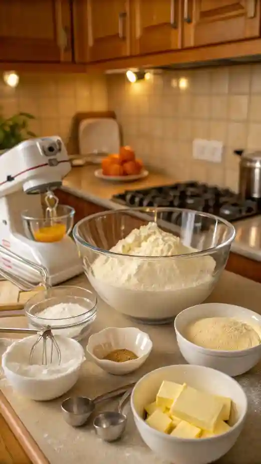 A step-by-step process of making vanilla cake, showcasing ingredients and mixing bowls.