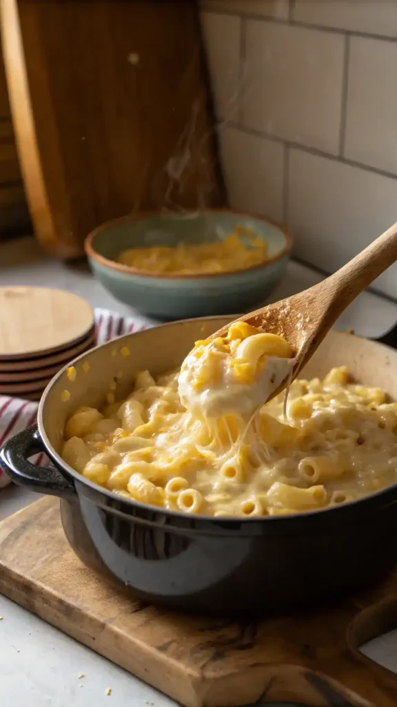A pot of creamy mac n cheese with a wooden spoon stirring through it, highlighting the cheesy texture.