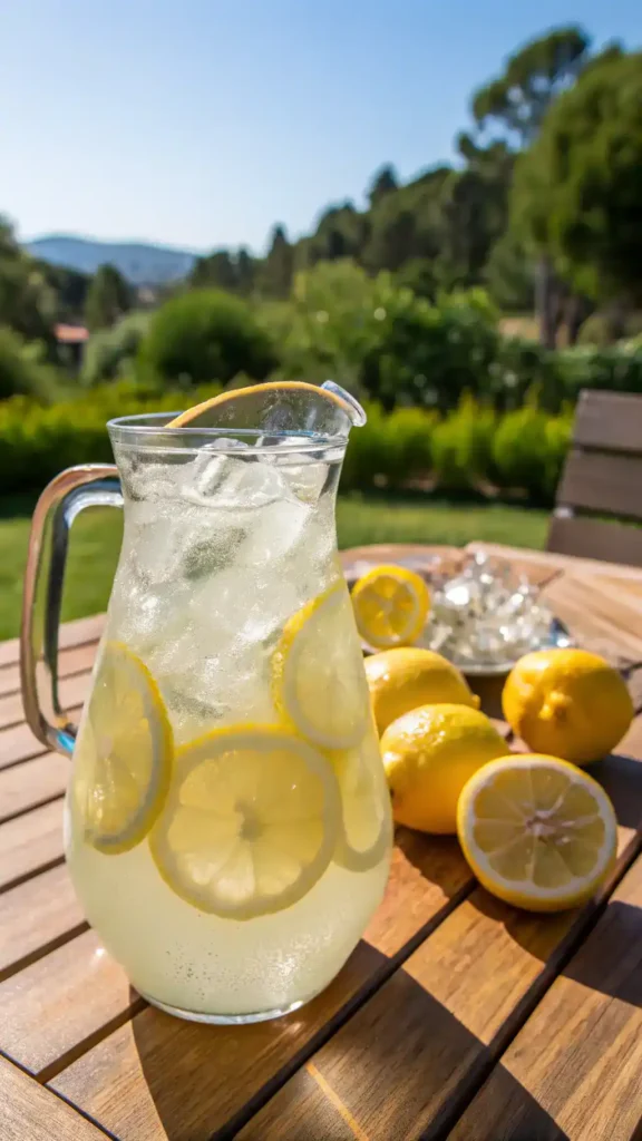 A pitcher of freshly made lemonade with ice cubes and lemon slices on a wooden table.