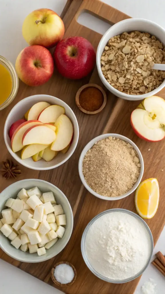 Ingredients for apple crumble recipe displayed on a wooden table.