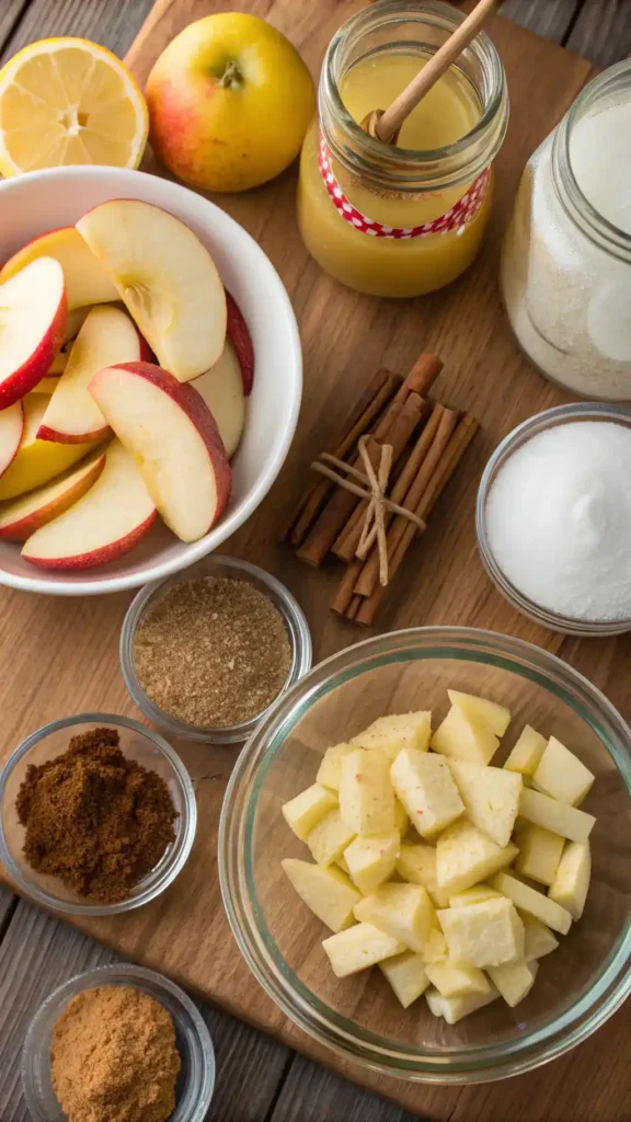 Ingredients for apple pie filling including apples, sugar, and spices arranged on a wooden table.