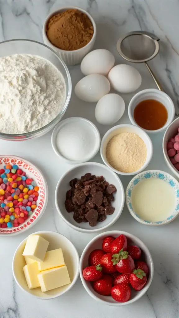 Ingredients for chocolate cake and frosting arranged on countertop