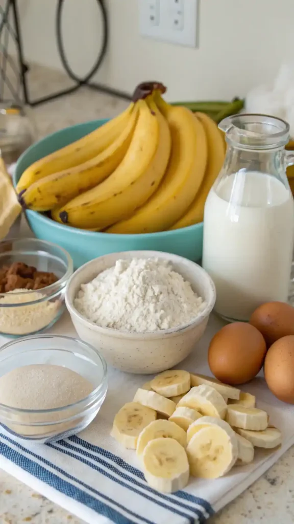 Ingredients for banana pancakes displayed on a kitchen counter.