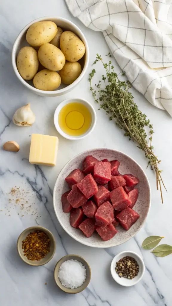 Ingredients for steak bites and potatoes arranged on counter
